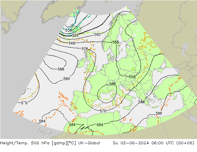 Height/Temp. 500 hPa UK-Global dom 02.06.2024 06 UTC