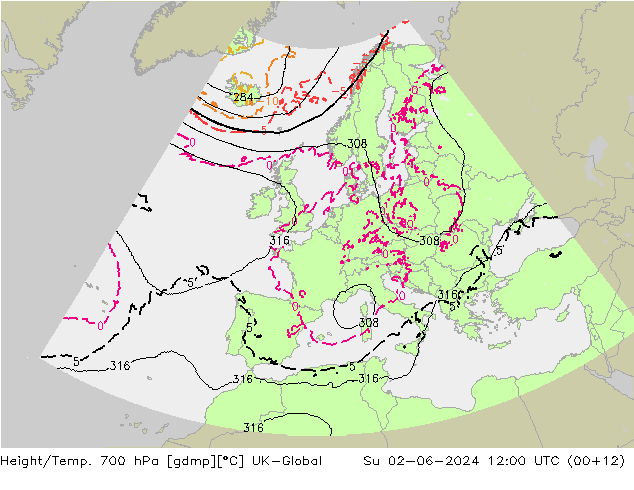 Height/Temp. 700 гПа UK-Global Вс 02.06.2024 12 UTC