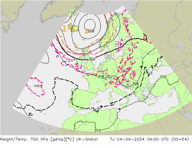 Height/Temp. 700 hPa UK-Global mar 04.06.2024 06 UTC