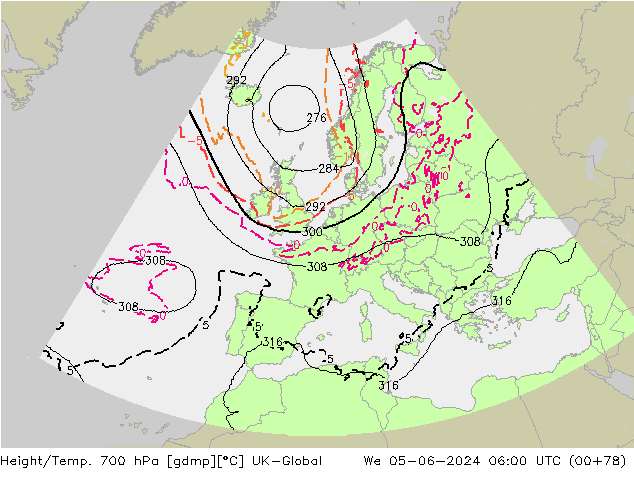 Height/Temp. 700 hPa UK-Global Mi 05.06.2024 06 UTC