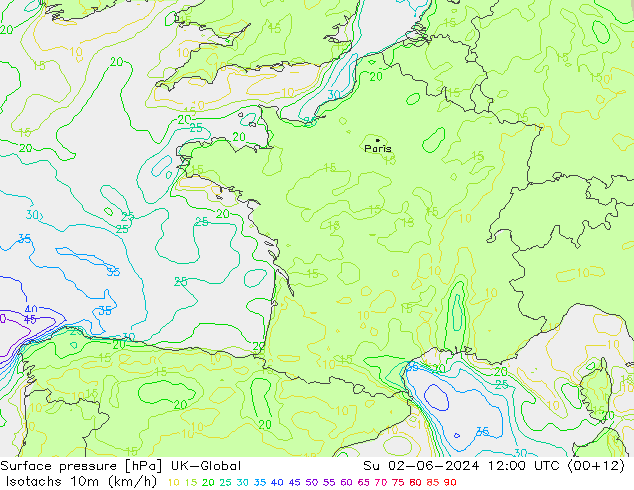 Isotachen (km/h) UK-Global zo 02.06.2024 12 UTC