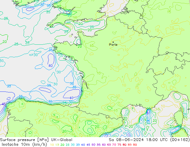 Isotachs (kph) UK-Global Sa 08.06.2024 18 UTC