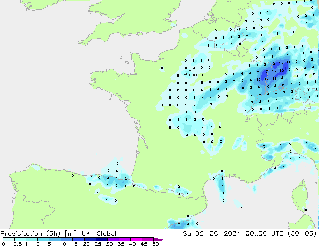 Precipitation (6h) UK-Global Su 02.06.2024 06 UTC