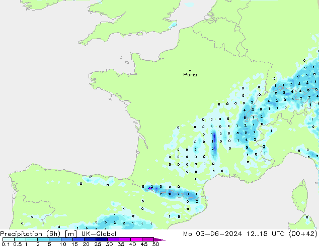 Precipitation (6h) UK-Global Mo 03.06.2024 18 UTC