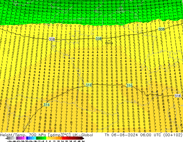 Hoogte/Temp. 700 hPa UK-Global do 06.06.2024 06 UTC