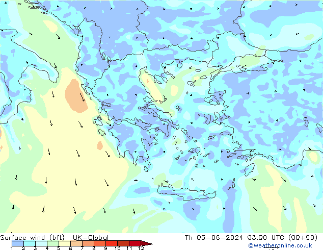 Vento 10 m (bft) UK-Global gio 06.06.2024 03 UTC