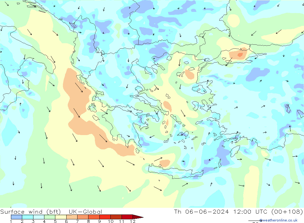 Rüzgar 10 m (bft) UK-Global Per 06.06.2024 12 UTC