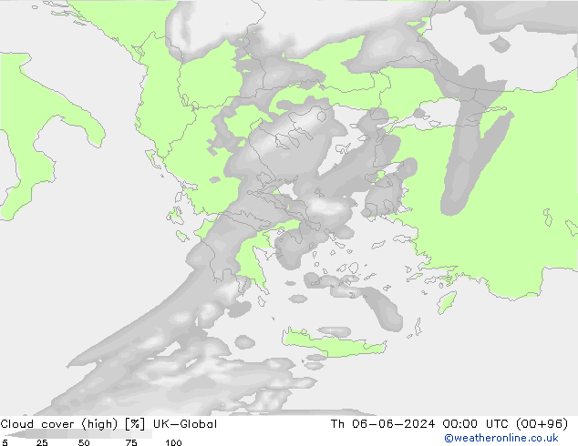 Cloud cover (high) UK-Global Th 06.06.2024 00 UTC