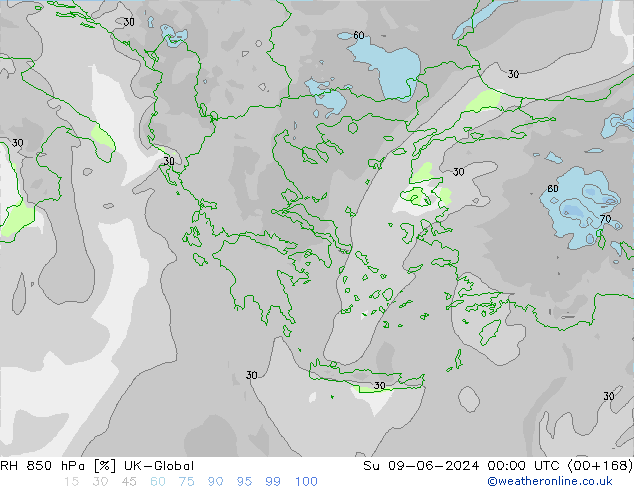 RH 850 hPa UK-Global Su 09.06.2024 00 UTC