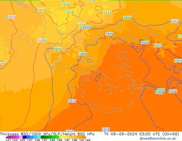 Espesor 850-1000 hPa UK-Global jue 06.06.2024 03 UTC