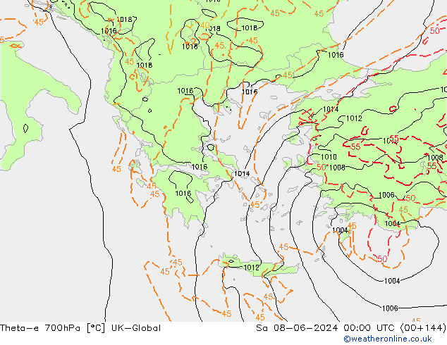 Theta-e 700hPa UK-Global so. 08.06.2024 00 UTC