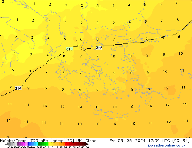 Height/Temp. 700 hPa UK-Global St 05.06.2024 12 UTC