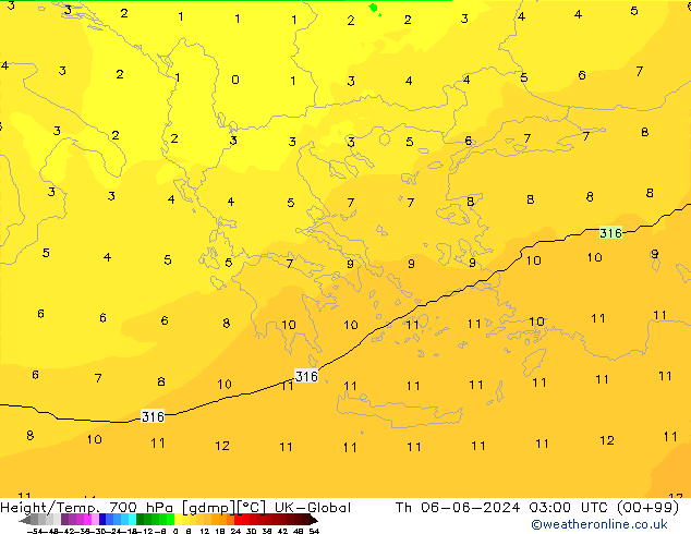 Height/Temp. 700 гПа UK-Global чт 06.06.2024 03 UTC