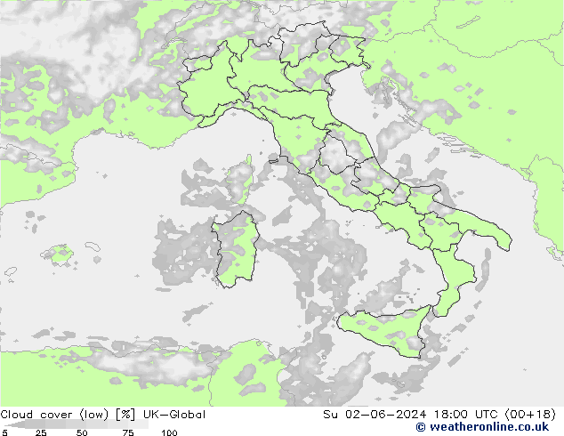 Cloud cover (low) UK-Global Su 02.06.2024 18 UTC