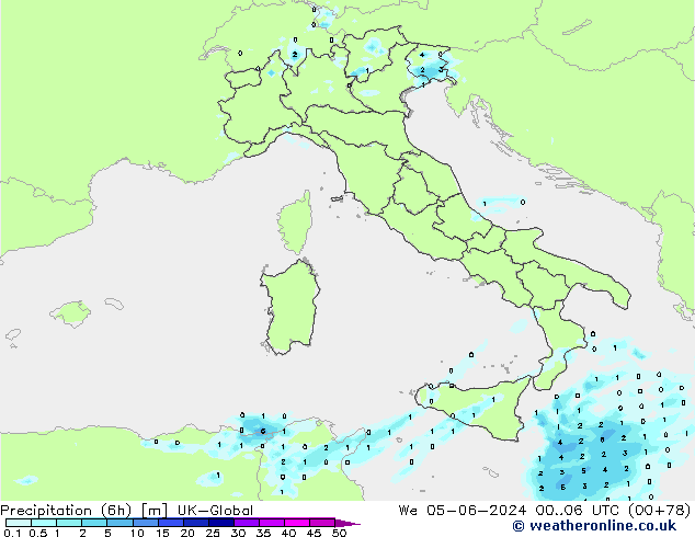Precipitazione (6h) UK-Global mer 05.06.2024 06 UTC