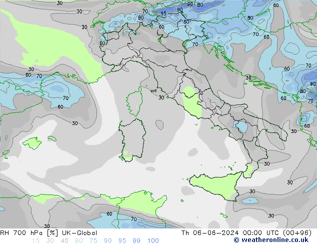 RH 700 hPa UK-Global gio 06.06.2024 00 UTC