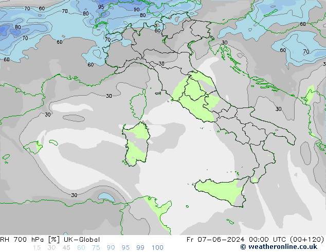 RH 700 hPa UK-Global Fr 07.06.2024 00 UTC