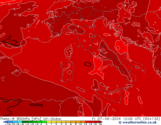 Theta-W 850hPa UK-Global Pá 07.06.2024 12 UTC