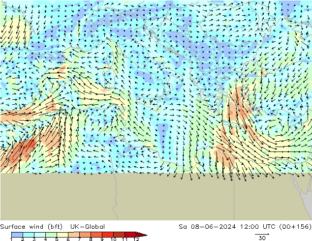 Surface wind (bft) UK-Global So 08.06.2024 12 UTC