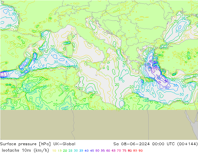 Isotachen (km/h) UK-Global za 08.06.2024 00 UTC