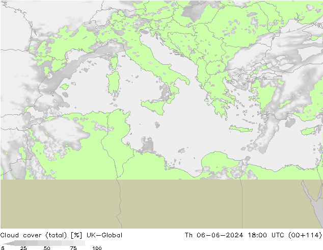 Bewolking (Totaal) UK-Global do 06.06.2024 18 UTC