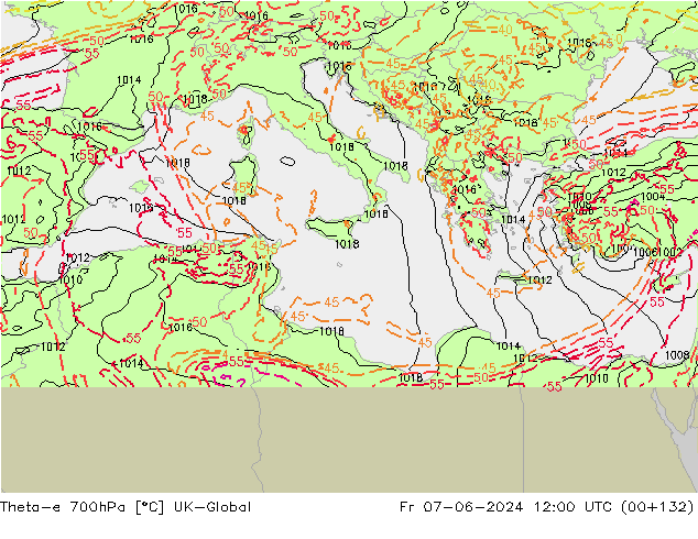 Theta-e 700hPa UK-Global Pá 07.06.2024 12 UTC