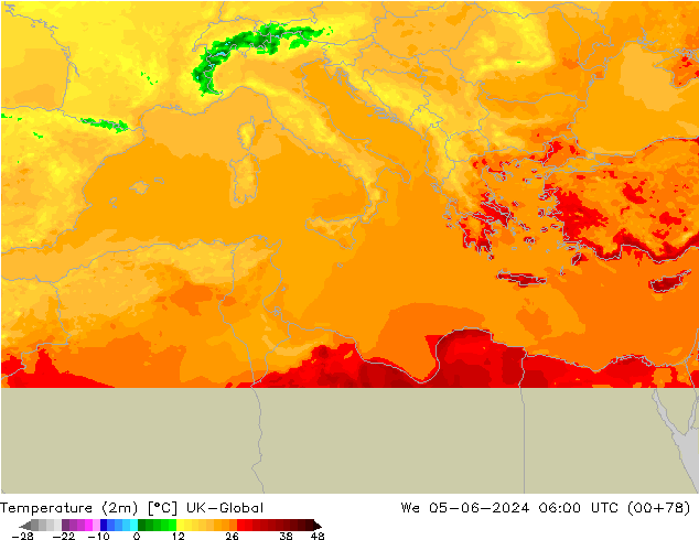 Temperature (2m) UK-Global We 05.06.2024 06 UTC