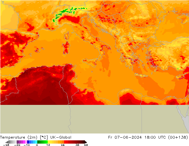 Temperaturkarte (2m) UK-Global Fr 07.06.2024 18 UTC