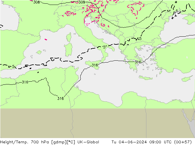 Height/Temp. 700 hPa UK-Global Tu 04.06.2024 09 UTC