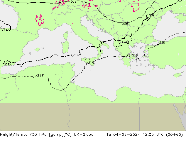 Height/Temp. 700 hPa UK-Global Tu 04.06.2024 12 UTC