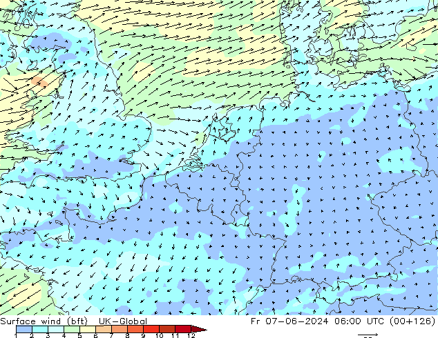 Surface wind (bft) UK-Global Pá 07.06.2024 06 UTC
