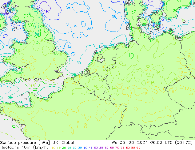 Isotachs (kph) UK-Global mer 05.06.2024 06 UTC