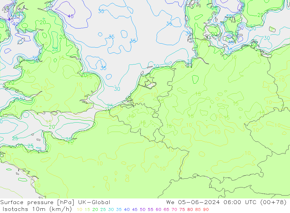 Isotachs (kph) UK-Global mer 05.06.2024 06 UTC