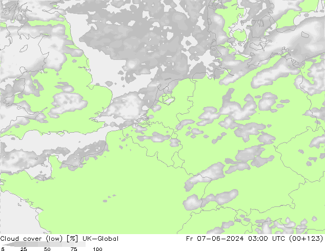 Cloud cover (low) UK-Global Fr 07.06.2024 03 UTC