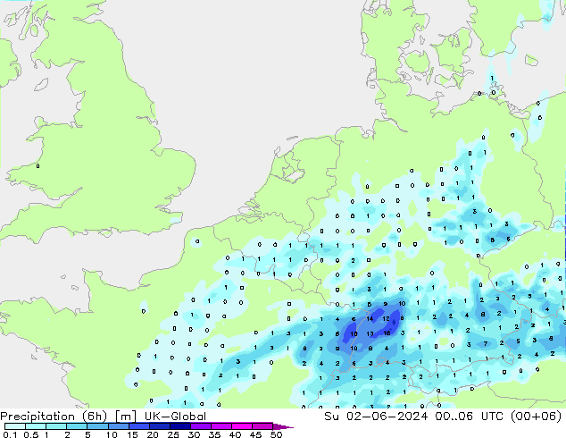 Precipitación (6h) UK-Global dom 02.06.2024 06 UTC