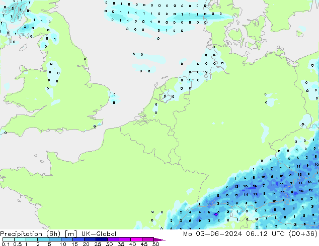 Precipitation (6h) UK-Global Mo 03.06.2024 12 UTC