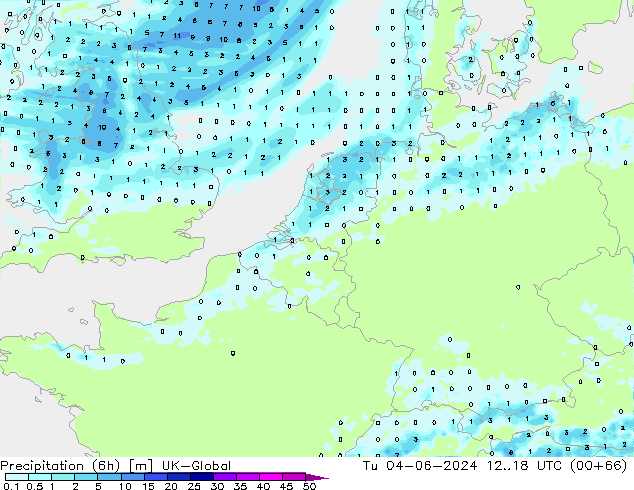 Precipitation (6h) UK-Global Tu 04.06.2024 18 UTC