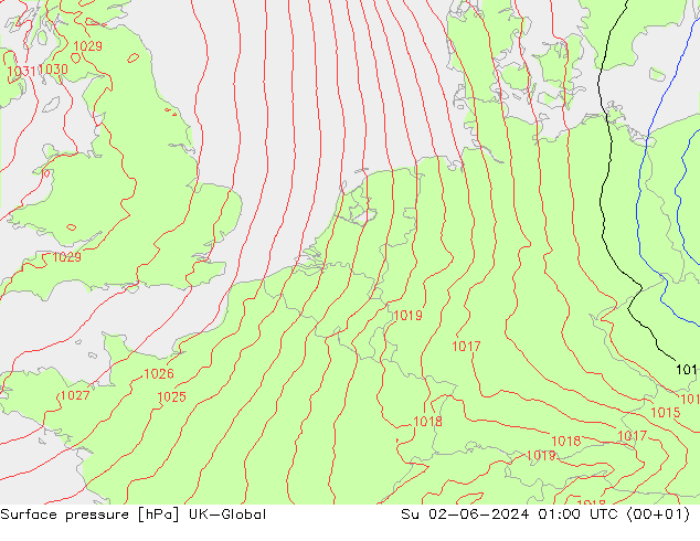 Atmosférický tlak UK-Global Ne 02.06.2024 01 UTC