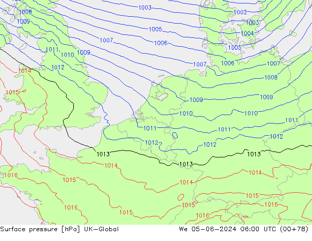 Pressione al suolo UK-Global mer 05.06.2024 06 UTC