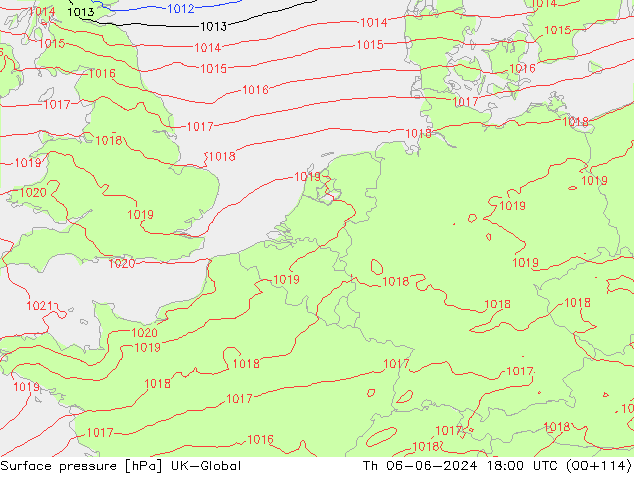 Presión superficial UK-Global jue 06.06.2024 18 UTC