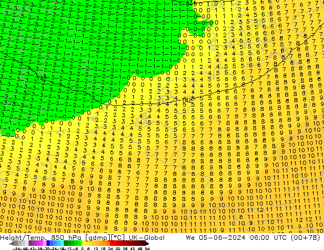 Height/Temp. 850 гПа UK-Global ср 05.06.2024 06 UTC