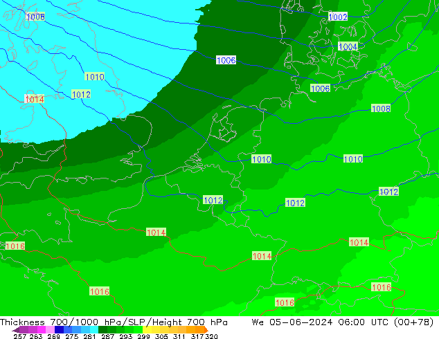 Thck 700-1000 гПа UK-Global ср 05.06.2024 06 UTC