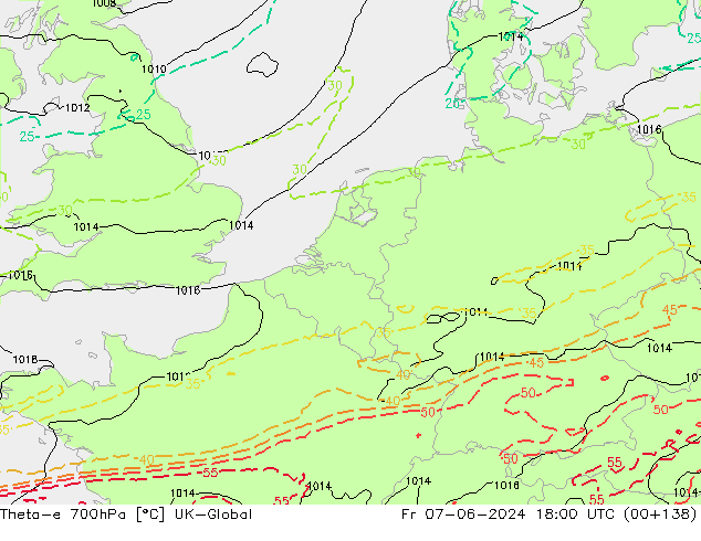 Theta-e 700hPa UK-Global ven 07.06.2024 18 UTC