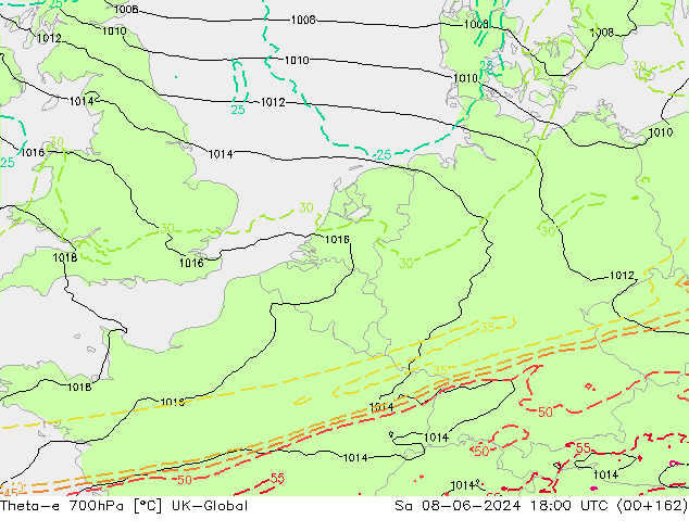 Theta-e 700hPa UK-Global Sa 08.06.2024 18 UTC