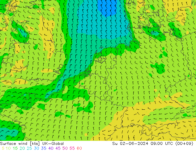 Surface wind UK-Global Su 02.06.2024 09 UTC