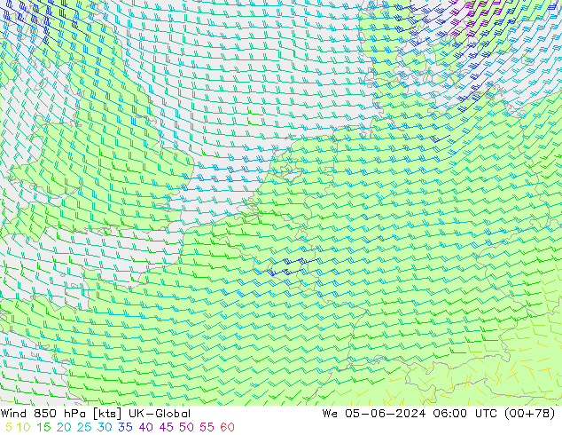 ветер 850 гПа UK-Global ср 05.06.2024 06 UTC