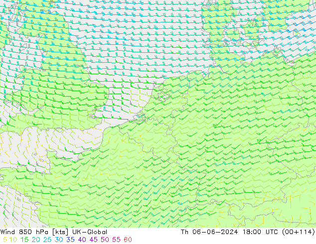 Viento 850 hPa UK-Global jue 06.06.2024 18 UTC