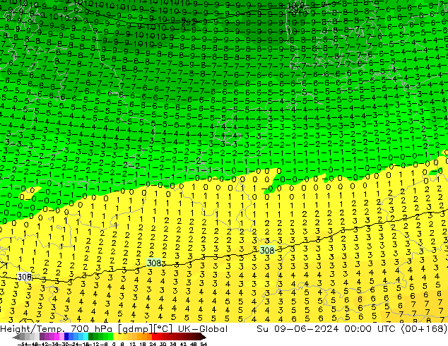 Height/Temp. 700 hPa UK-Global Su 09.06.2024 00 UTC