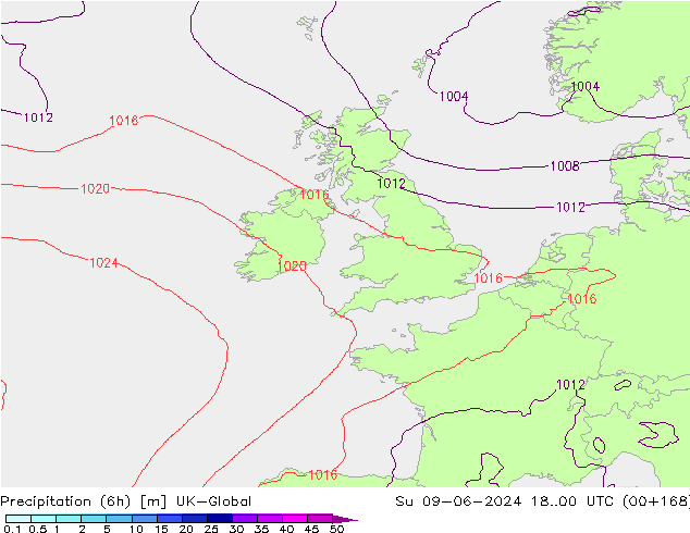 Precipitazione (6h) UK-Global dom 09.06.2024 00 UTC