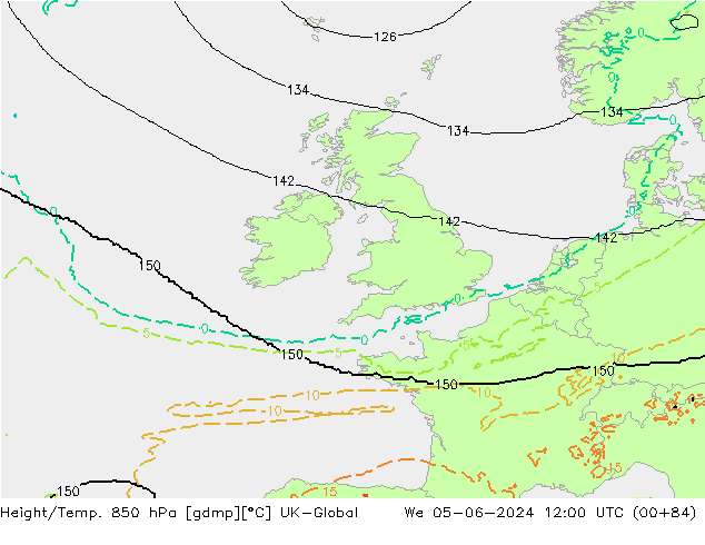Geop./Temp. 850 hPa UK-Global mié 05.06.2024 12 UTC